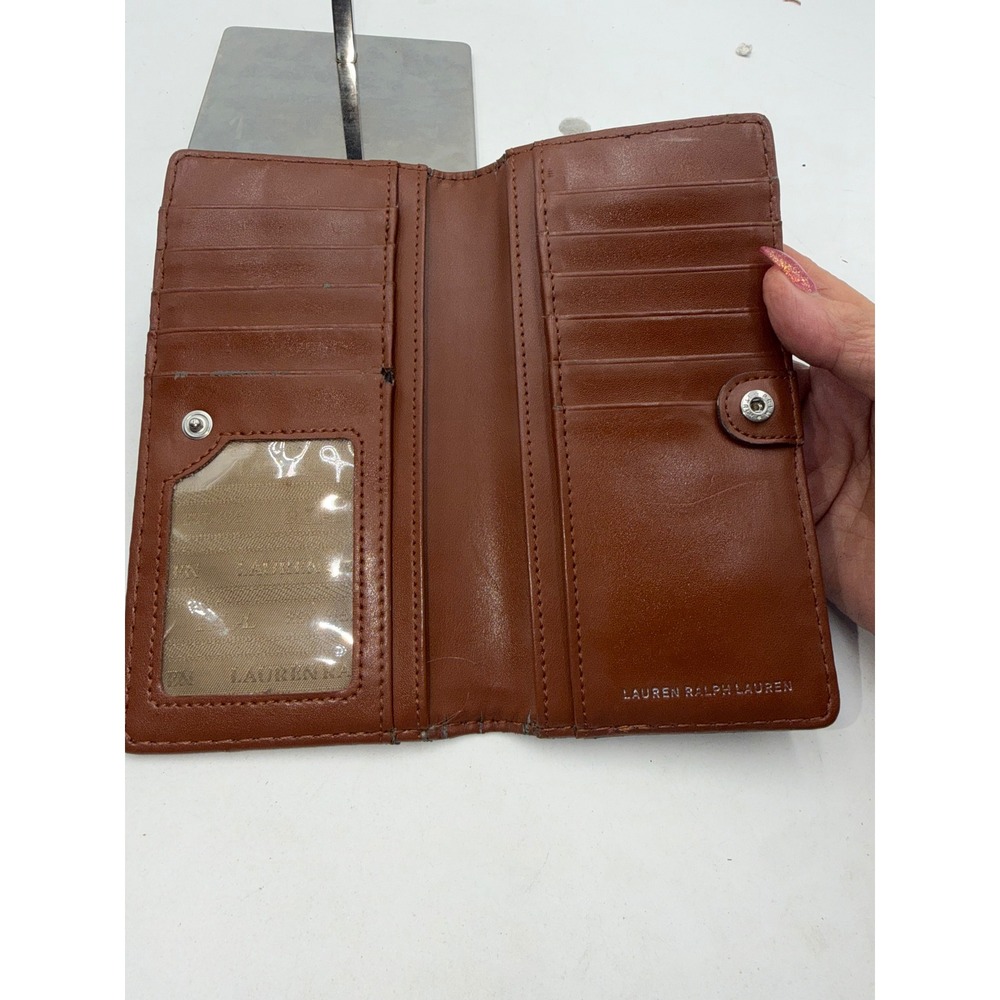 Lauren Ralph Lauren Blue Leather Slim Bifold Wallet Cognac Interior Silver Logo - Picture 4 of 10